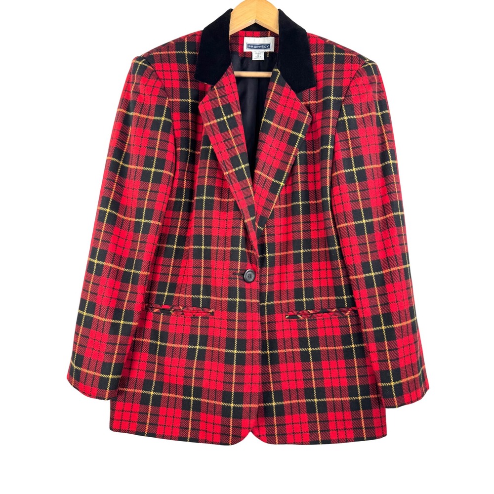 VTG Prophecy Red Plaid Blazer Size 8 Wool Blend Velvet Holiday cocktail 90s